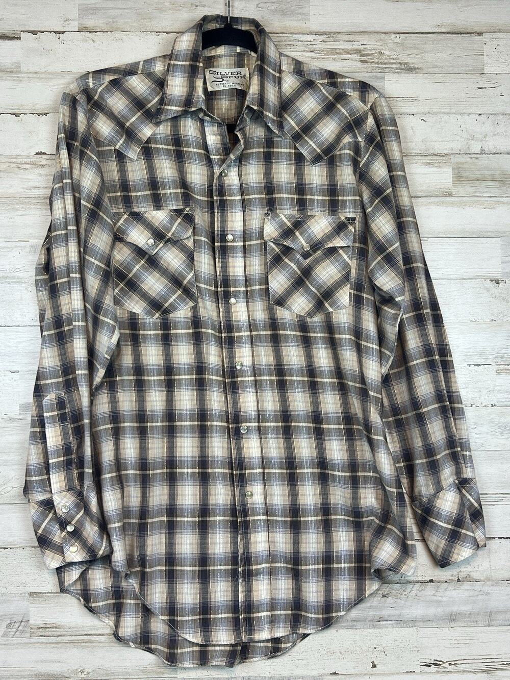 VTG Silver Spur Sm Men's Shirt Gray Plaid Pearl Snap Western Cowboy Gold Thread